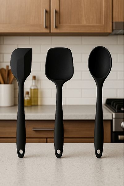 TARIK HOME 3-Piece Silicone Spoon Set, 21 Cm, Hard Tip, Fireproof, Non-Stick, Heat Resistant 3 Color Options
