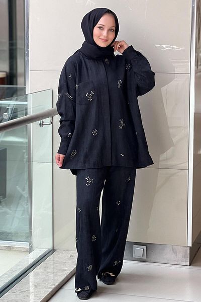 Mahal Crochet Knitwear Crispy Pattern Stone Printed Shirt Trousers Set