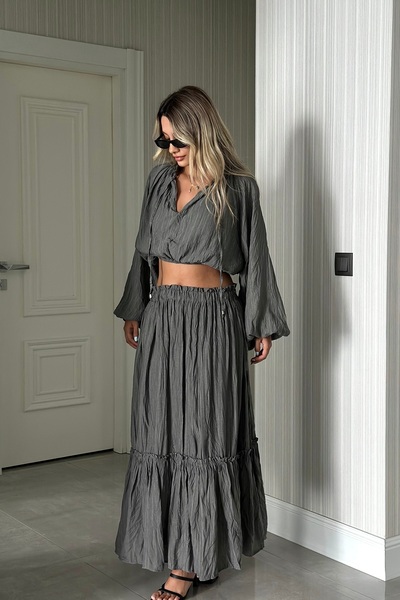 QUREKLİ Women's Anthracite Wrinkle Look Suit