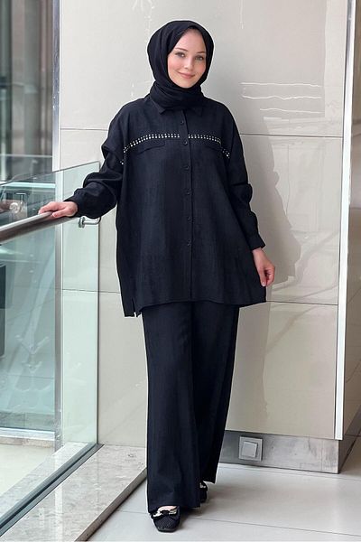 Mahal Crochet Knitwear Striped Tunic Trousers Set