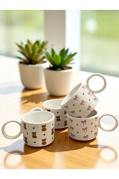 Yumuk Shop 4 Piece Pinterest Set Bear and Bow Model 250 ml Mug Set