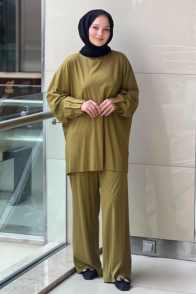 Mahal Crochet Knitwear Rib Detailed Tunic Trousers Set