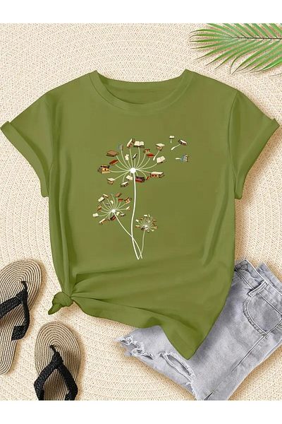 l'eivor Book & Flower Design Printed Women's Cotton T-Shirt