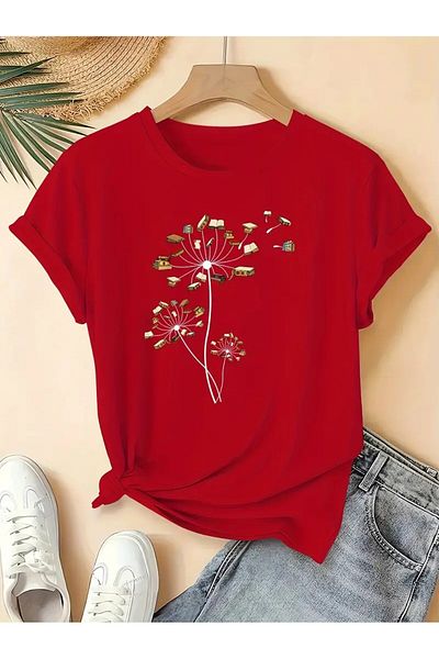 LEIVOR Book & Flower Design Printed Women's Cotton T-Shirt