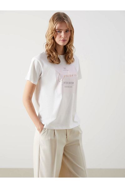 LC Waikiki Lcw Vision Ecru Crew Neck Printed Women's T-Shirt