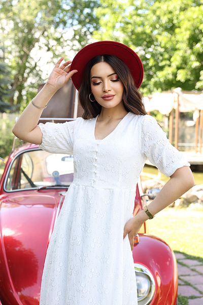 MILANOFOX White Knitted Brode Front Buttoned Lined V-Neck Summer Stylish Dress