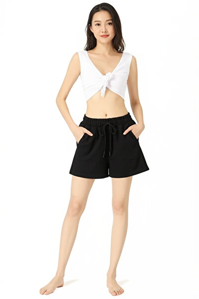 BEDUCA شورت نسائي من الموسلين الأسود مع جيوب مريح
