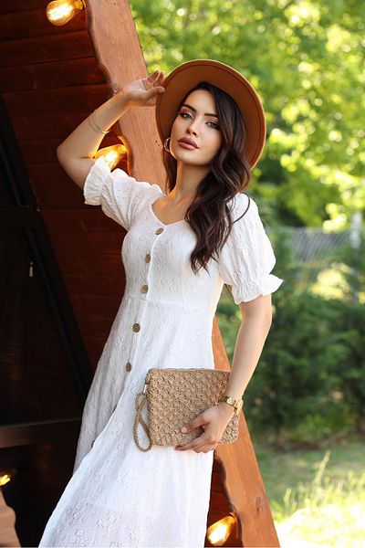 MILANOFOX White Wooden Button Knitted Brode Lined Summer Women's Dress