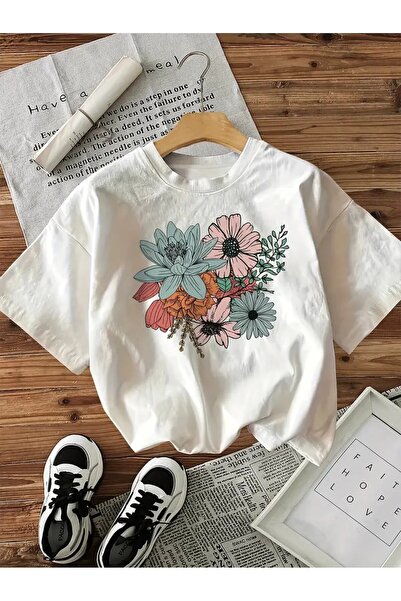 l'eivor Tricou din bumbac pentru femei cu design pastel cu buchet de flori