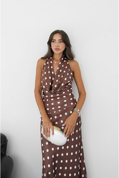 Havoş Brown Polka Dot Satin Degaje Collar Blouse Skirt Suit