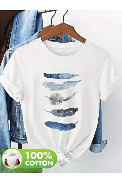 l'eivor تي شيرت نسائي قطني مطبوع بتصميم عمودي من ريش الطيور