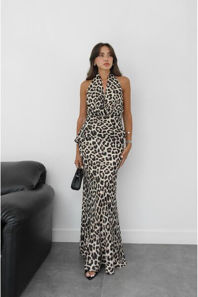 Havoş Leopard Patterned Satin Degaje Collar Blouse Skirt Suit