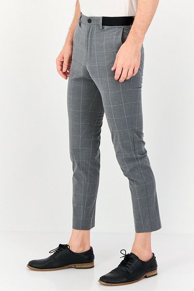 CELIO Men Regular Fit Grid Pattern Dress Pants, Grey