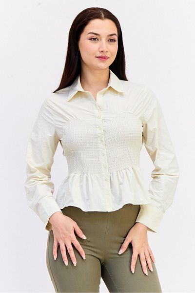 Koton بلوزة نسائية من Ole x بأكمام طويلة وياقة واسعة ومزخرفة، لون بيج
