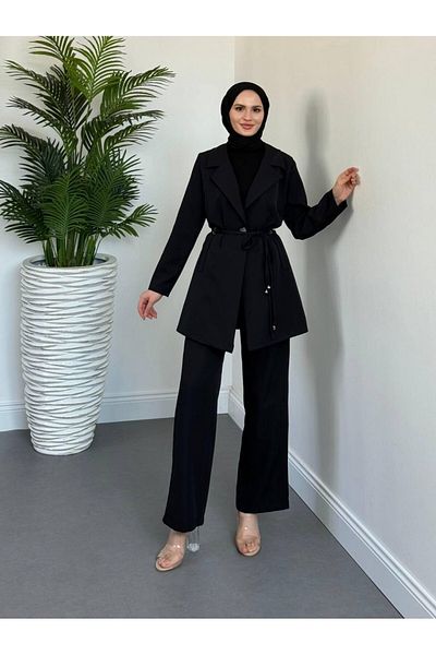 Modamorfo بدلة بنطلون بياقة مزدوجة وأربطة مزدوجة - أسود