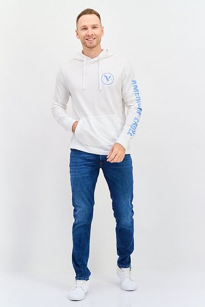 AMERICAN EAGLE Men Hood With Drawstring Long Sleeves Brand Logo Sweatshirt, White Combo