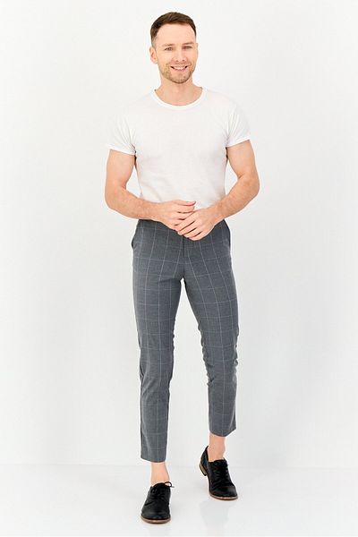 CELIO Men Regular Fit Grid Pattern Dress Pants, Grey