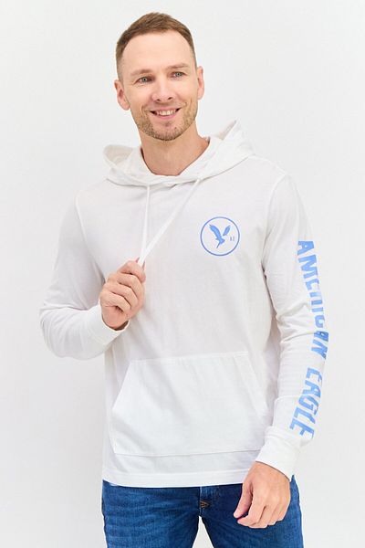 AMERICAN EAGLE Men Hood With Drawstring Long Sleeves Brand Logo Sweatshirt, White Combo