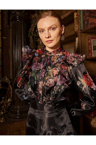 Kayra Floral Pattern Organza Suit Black