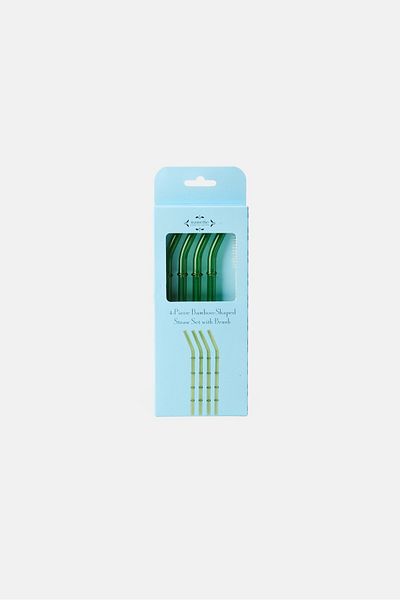 NANETTE LEPORE 4 Piece Bamboo Shaped Straw Set With Brush, Green