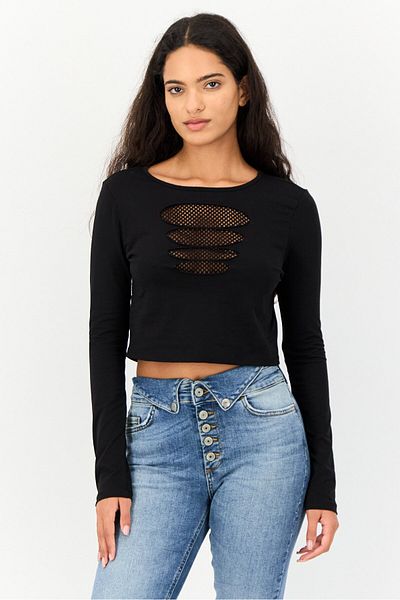 Koton Women Round Neck Long Sleeve Solid Top, Black