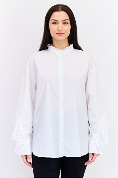 Koton Women Ruffled Neck Long Sleeves Solid Shirt, White