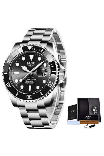 Lige silver black Top Brand Luxury Fashion Diver Watch Men 30ATM Waterproof Date Clock Sport Watches