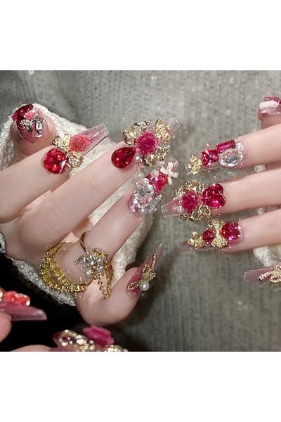 Choice style 1 24pcs New Year Heavy Metal Press on Nails Chinese Bride Wedding Fake Nails Full Cover Wearab
