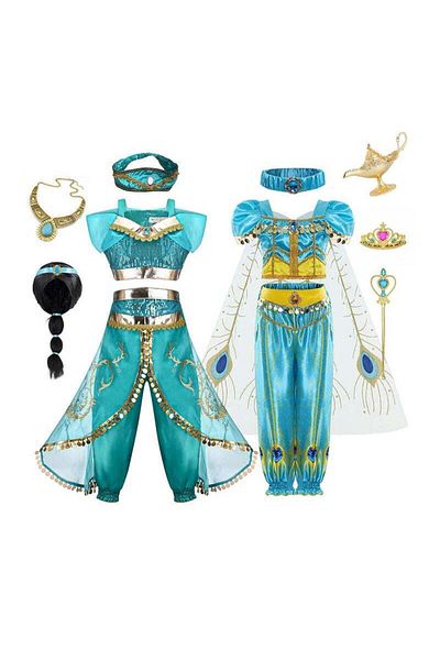 COOYA Princess Dress,Aladdin Costume with Braided Wig,Girls Fancy Party Gown,140cm Tulle