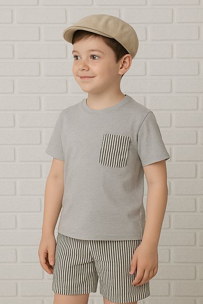 Yalçınoğlu Kids Boy's Suit I Children's Summer Suit I T-Shirt and Striped Shorts Combination Pocket Detail I Children's Clothing