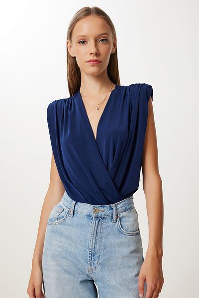 Lovelyİstanbul Wrap Collar Padded Snap Blouse Lzh0001 Dark Blue