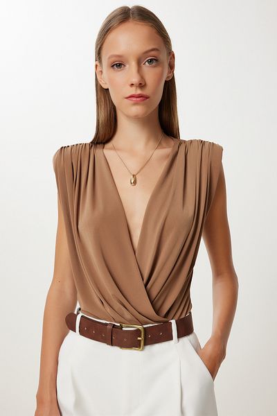 Lovelyİstanbul Wrap Collar Padded Snap Blouse Lzh0001 Olive Green