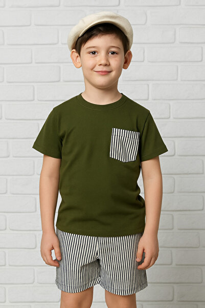 Yalçınoğlu Kids Boy's Suit I Children's Summer Suit I T-Shirt and Striped Shorts Combination Pocket Detail I Children's Clothing