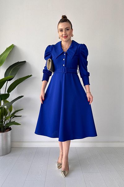 MaziButik Pointed Collar Crepe Dress Blue