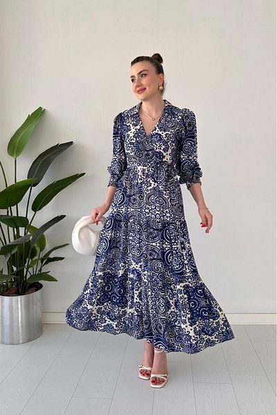 MaziButik Shawl Pattern Viscose Dress Purple Navy Blue