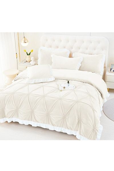 OEM Lenjerie de pat dublă, Uni, model brodat cu inimă, 6 piese, Finet, 230x250cm, alb-gălbui