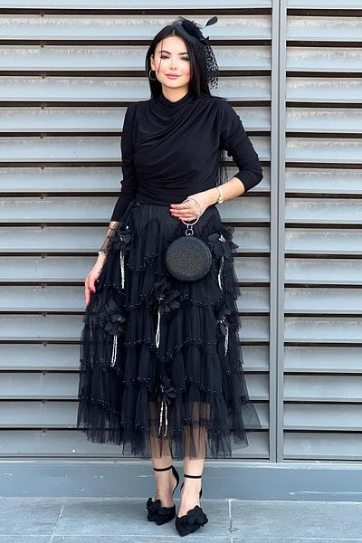 Mahal Floral Tulle Skirt with Pearl Detail