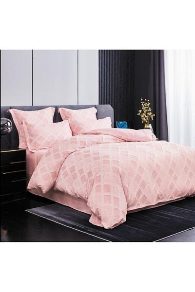 OEM Lenjerie de pat, Uni, Finet, Grofat Model Romburi, 6 piese, 2 persoane, 230x250cm, Corai