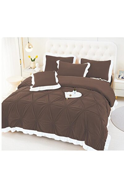 OEM Double bed linen, Plain, with embroidered heart, 6 pieces, Finet, 230x250cm, dark brown