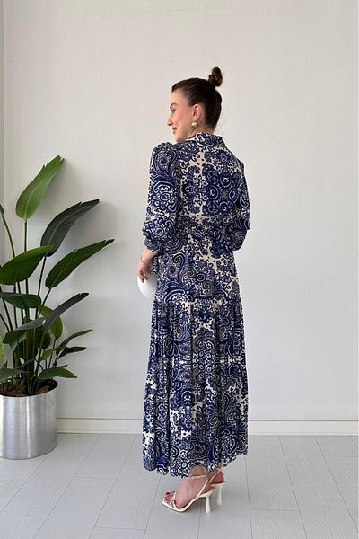 MaziButik Shawl Pattern Viscose Dress Purple Navy Blue
