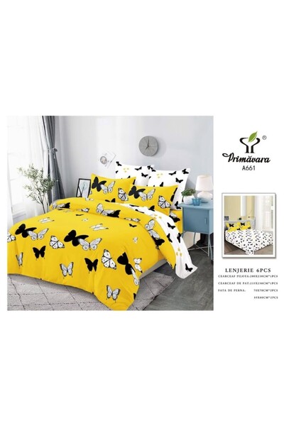 OEM Double Bed Linen, Spring, 6 Pieces, 2 People, 235x250cm, Finet, Black-White Butterflies