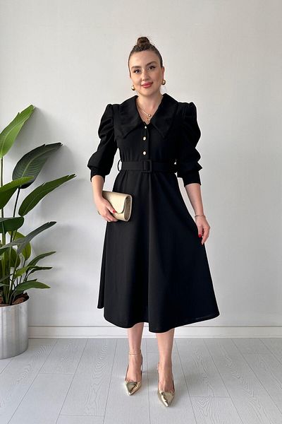 MaziButik Pointed Collar Crepe Dress Black