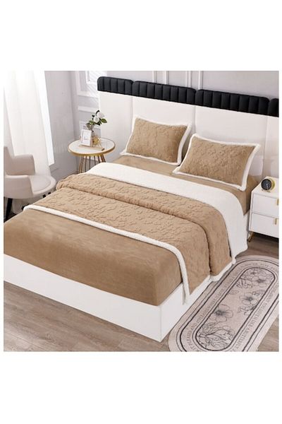 OEM Lenjerie cu blanita, model tricotat cu elastic, 180x200 cm, bej-alb