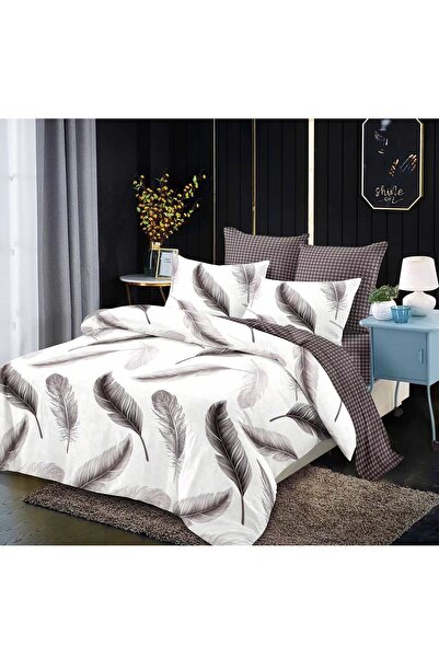 OEM Double Bed Sheet with Elastic, Feather Print, 6 Pieces, 2 Persons, 180x200cm, Finet Satin