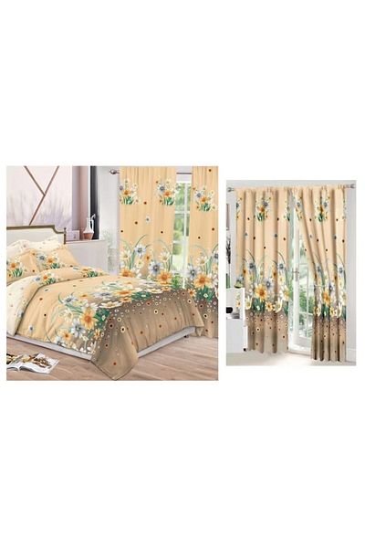 OEM Set Lenjerie de pat dublu cu Draperie asortata, 8 piese, portocaliu deschis-crem