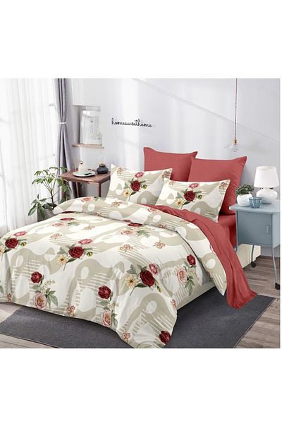 OEM Double Bedding Set, 6 Pieces, 2 Persons, Red Rose Print, 230x250cm, Finet, Multicolor