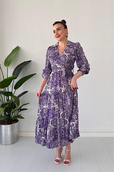 MaziButik Shawl Pattern Viscose Dress Purple Purple