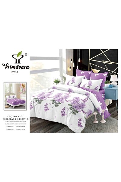 OEM Double bed linen set, Finet, fitted sheet, lilac, 6 pieces, 180x200cm, white-lilac