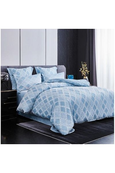 OEM Lenjerie de pat, Uni, Finet, Grofat Model Romburi, 6 piese, 2 persoane, 230x250cm, Blue Sky