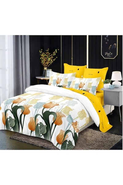 OEM Lenjerie de pat dublu, 6 piese, 2 persoane, imprimeu trandafiri colorati,...